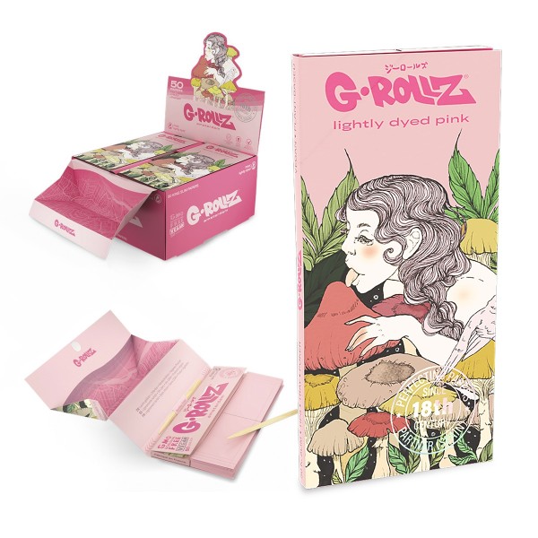 G-Rollz | Collector &#039;Mushroom Lady&#039; Pink - 50 KS Slim Papers + Tips &amp; Tray (16 Booklets Display)