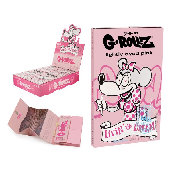 G-Rollz | Banksy&#039;s Graffiti &quot;Livin&#039; The Dream&quot; Pink - 50 &#039;1¼&#039; Papers + Tips &amp; Tray (16 Booklets Disp