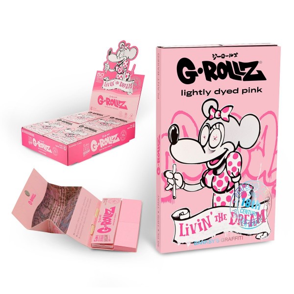 G-Rollz | Banksy&#039;s Graffiti &quot;Livin&#039; The Dream&quot; Pink - 50 &#039;1¼&#039; Papers + Tips &amp; Tray (16 Booklets Disp