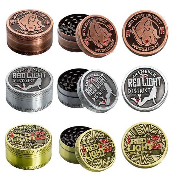 Amsterdam Red Light| 3-part Zinc Grinder 50 mm | 12 pcs Mixed Display