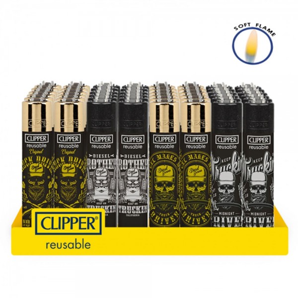 Clipper | Transparant refillable lighters with Mixed Driving Skulls Designs - 48pcs in display