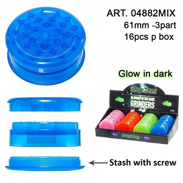 Dope Bros Grinder- 3 parts - Ø:61mm - Glows in the dark - 16pcs/box - mix of colors