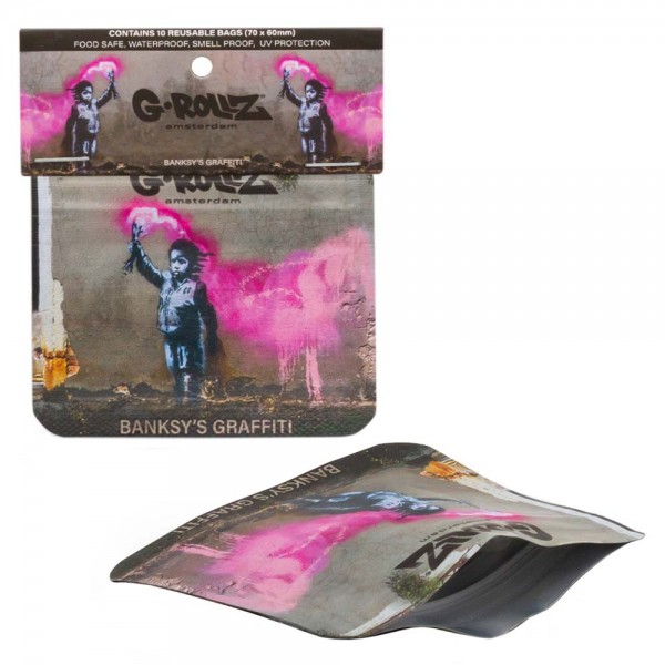 G-Rollz | Banksy&#039;s Graffiti &#039;Torchboy&#039; 70x60mm Smellproof Bags - 10pcs in Display