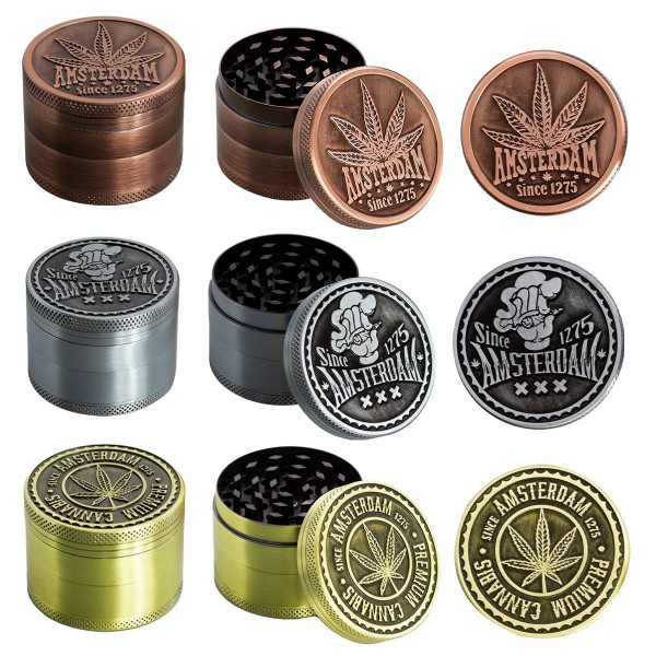 Amsterdam Leaf| 4-part Zinc Grinder 50 mm | 12 pcs Mixed Display