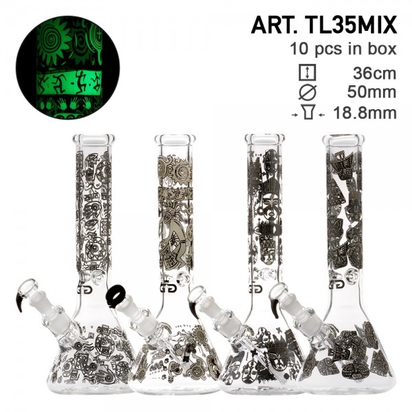 Grace Glass Tribal Mixed Glow In The Dark H 36cm Dia 50mm Sg 18 8mm 10pcs A Box Bongs Head New Ways - Glow In The Dark Glass Bongs Grace Glass Tribal Mixed Glow In The Dark H 36cm Dia 50mm Sg 18 8mm 10pcs A Box Bongs Head New Ways - Glow In The Dark Glass Bongs