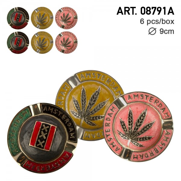 Amsterdam | Brass Ashtray Gold, Red and Green mixed colors with Amsterdam and Leaf Logo Ø:9cm - 6pcs