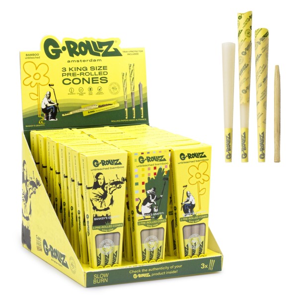 G-ROLLZ | Banksy&#039;s Graffiti - Bamboo Unbleached - 3 KS Cones In Each Pack and 24 packs in Display