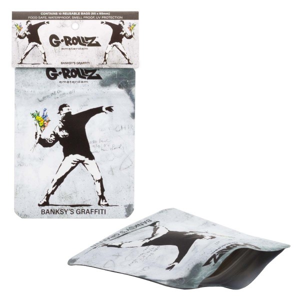 G-Rollz | Banksy&#039;s Graffiti &#039;Flower Thrower&#039; 65x85mm Smellproof Bags - 10pcs in Display