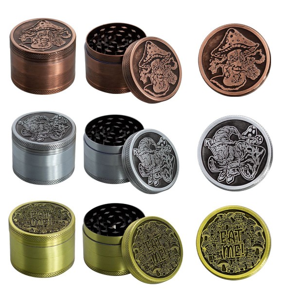 Amsterdam Mushrooms| 4-part Zinc Grinder 50 mm | 12 pcs Mixed Display