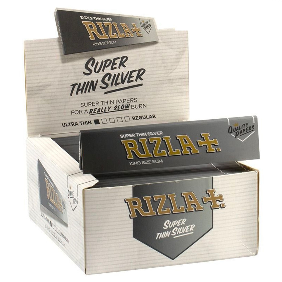 RIZLA SILVER KING SIZE ULTRA SLIM ROLLING PAPER BOX OF 50 BOOKLETS 