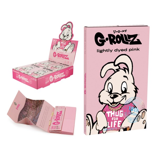 G-Rollz | Banksy&#039;s Graffiti &quot;Thug for Life&quot; Pink - 50 &#039;1¼&#039; Papers + Tips &amp; Tray (24 Booklets Display
