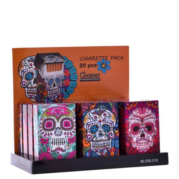 Champ | Skull cigarette cases for 20pcs cigarettes in different colors and there are 12pcs in a disp
