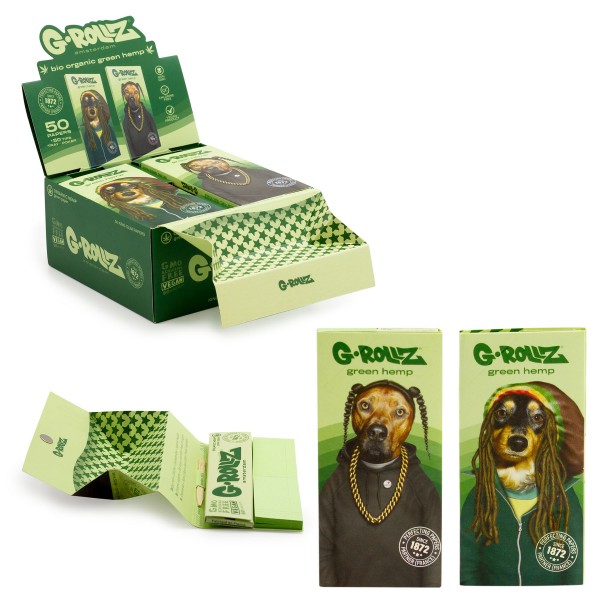 G-Rollz | &#039;Reggae Rap&#039; - Organic Green Hemp - 50 KS Slim Papers + Tips &amp; Tray (16 Booklets Display)