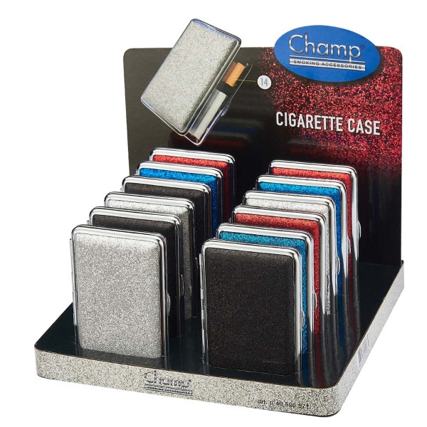 Champ | Glitter cigarette cases for 14pcs cigarettes in different colors and there are 12pcs in a di