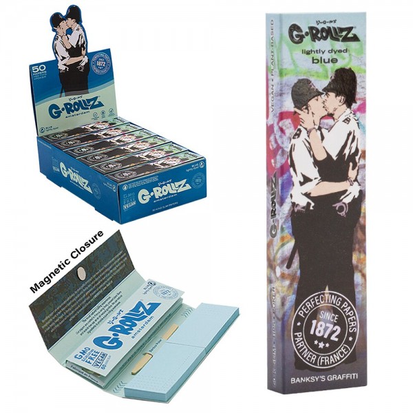 G-Rollz | Banksy&#039;s Graffiti &#039;Cop on Cop&#039; Blue - 50 KS Slim Papers + Tips (24 Booklets Display)