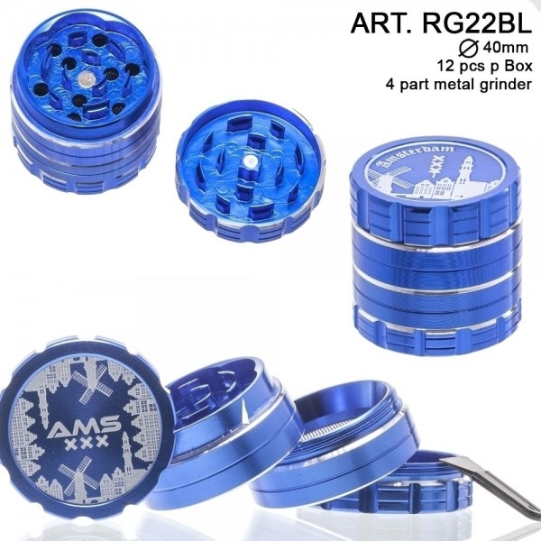 Dope Bros- Amsterdam: 4 Part Metal Grinder (Blue) : Ø 40mm. 12 pcs/box