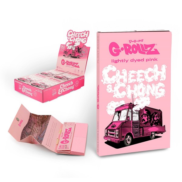 G-Rollz | Cheech &amp; Chong(TM) &#039;Tour Bus&#039; Pink - 50 &#039;1¼&#039; Papers + Tips &amp; Tray (16 Booklets Display)