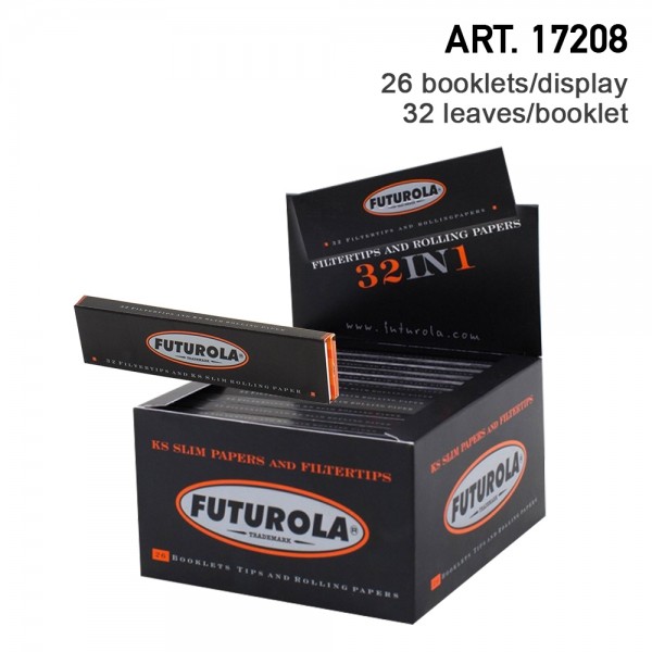 Futurola | KS Slim Rolling Papers 32 leaves per booklet and 26 booklets + tips in a display/box