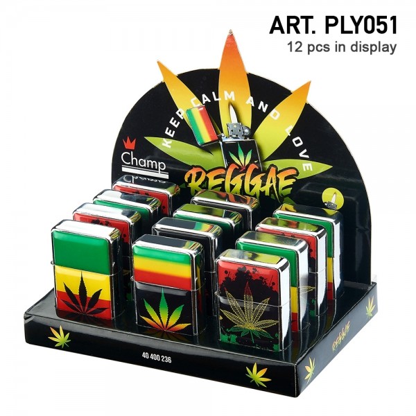 Champ | Zippo with mixed Rasta Leaf logo's there are 12 pcs in a display