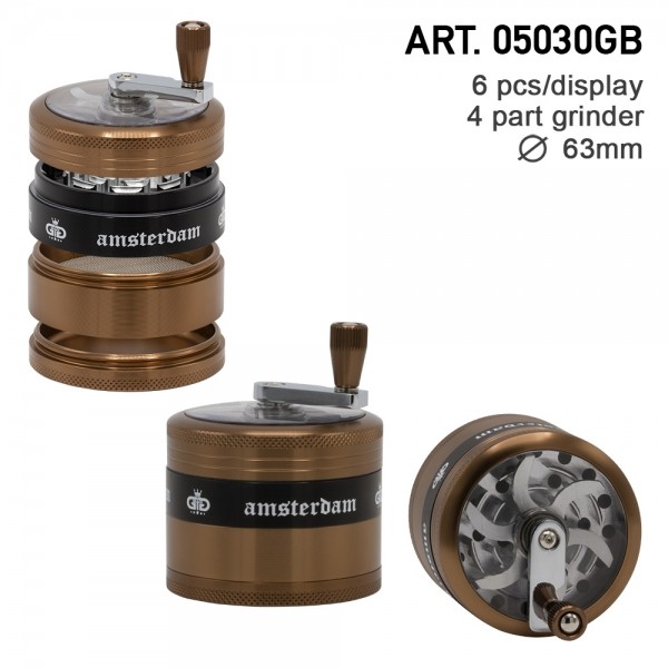 Grace Glass Amsterdam | Grinders - 4part - Ø:63mm - crank and window-Golden Brown - 6pcs/box