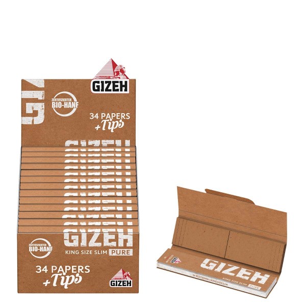 Gizeh |King size Slim Pure + Tips 34 leaves and tips per booklet and 25 booklets in a display - Leng