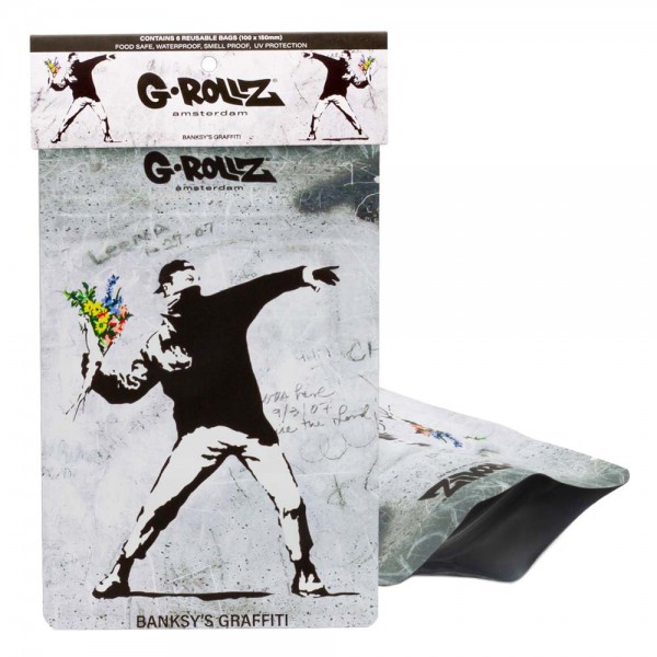 G-Rollz | Banksy&#039;s Graffiti &#039;Flower Thrower&#039; 100x150 mm Smellproof Bags - 6pcs in Display