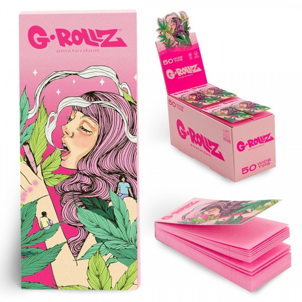 G-Rollz | Collector &#039;Mushroom Lady&#039; PINK Filter Tips 2,5 X 6cm 50 Tips Book 24/Display