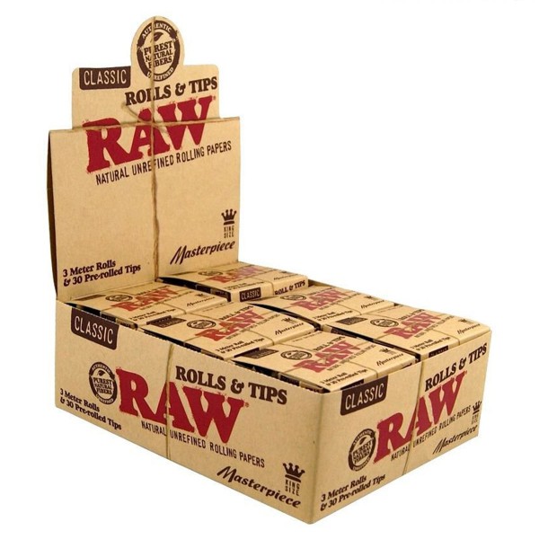 RAW | Masterpiece Classic Rolls and Tips - 12 RAW Rolls of 3 meter King Size Roll + 30 Pre-Rolled Ti