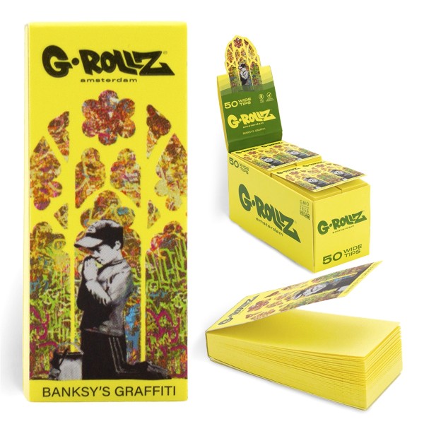 G-Rollz | Banksy&#039;s Graffiti &#039;Praying Boy&#039; YELLOW Filter Tips 2,5 X 6cm 50 Tips Book 24/Display