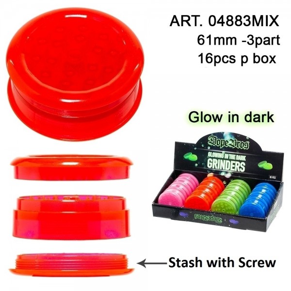 Dope Bros | Grinder- 3 parts - Ø:61mm - Glows in the dark - 16pcs/box - mix of colors