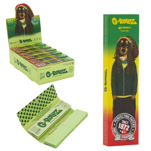 G-Rollz | Pets Rock &#039;Reggae&#039; Green Hemp - 50 KS Slim Papers + Tips (24 Booklets Display)