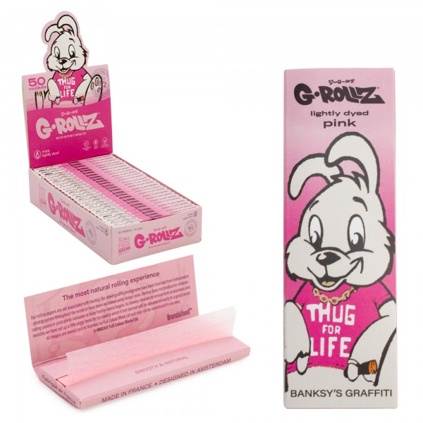 G-Rollz | Banksy&#039;s Graffiti &#039;Thug 4 Life&#039; Lightly dyed pink - 50 &#039;1¼&#039; Papers (25 Booklets Display)