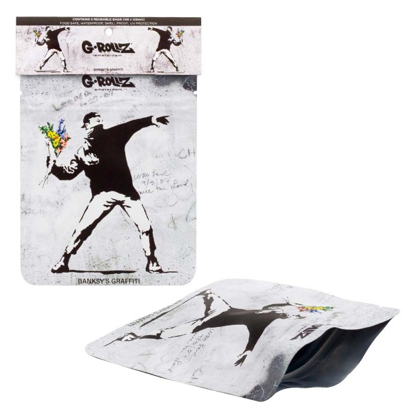 G-Rollz | Banksy&#039;s &#039;Flower Thrower&#039; 100x125 mm Smell Proof Bags - 8pcs in Display