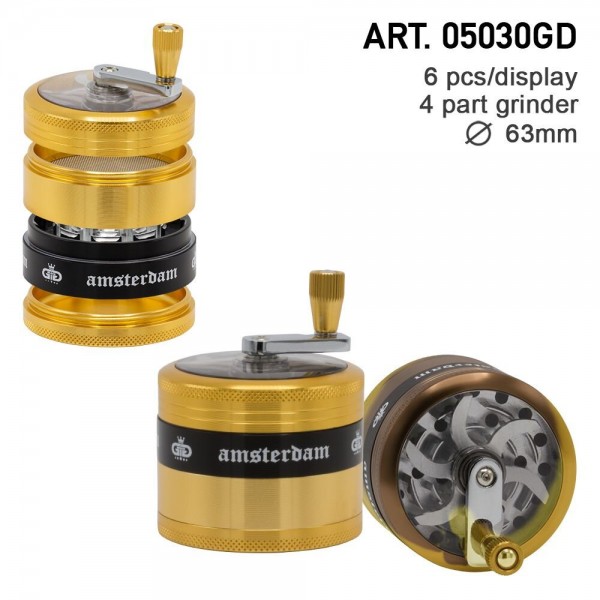 Grace Glass Amsterdam | Grinders - 4part - Ø:63mm - crank and window - Golden - 6pcs/box
