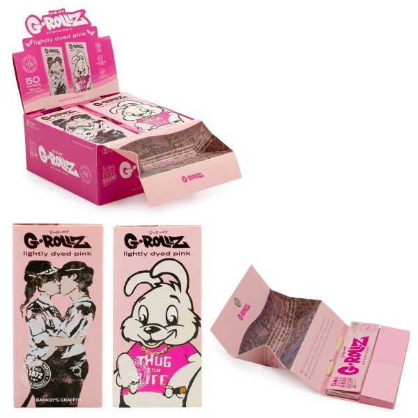 G-Rollz | Banksy's Graffiti Set 3 - KS Lightly Dyed Pink Rolling Papers + Tips + Tray Display 16pcs