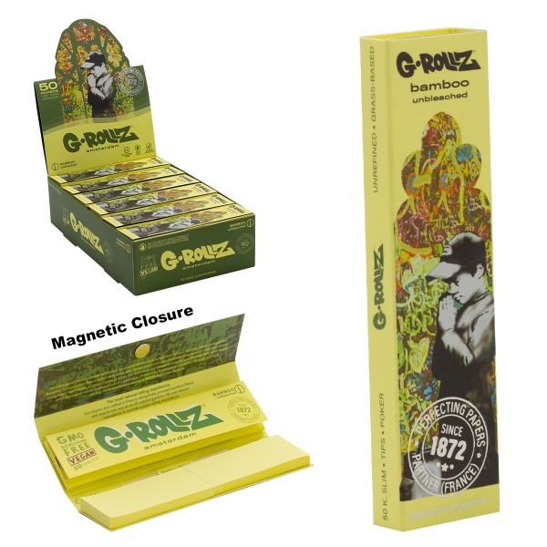 G-Rollz | Banksy&#039;s Graffiti &#039;Praying Boy&#039; Bamboo - 50 KS Slim Papers + Tips (24 Booklets Display)