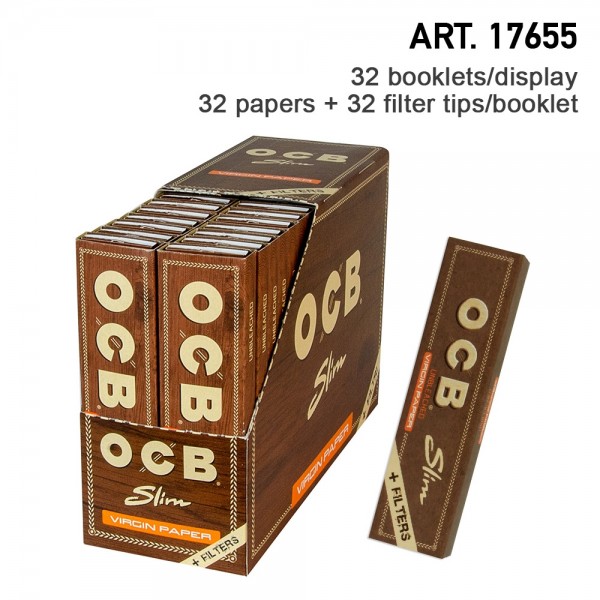 OCB | Unbleached slim virgin papers (109 x 44 mm) with Filter Tips, 32 box / 32 Papers + 32 Filter T