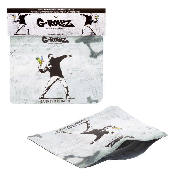 G-Rollz | Banksy&#039;s Graffiti &#039;Flower Thrower&#039; 105x80 mm Smellproof Bags - 8pcs in Display