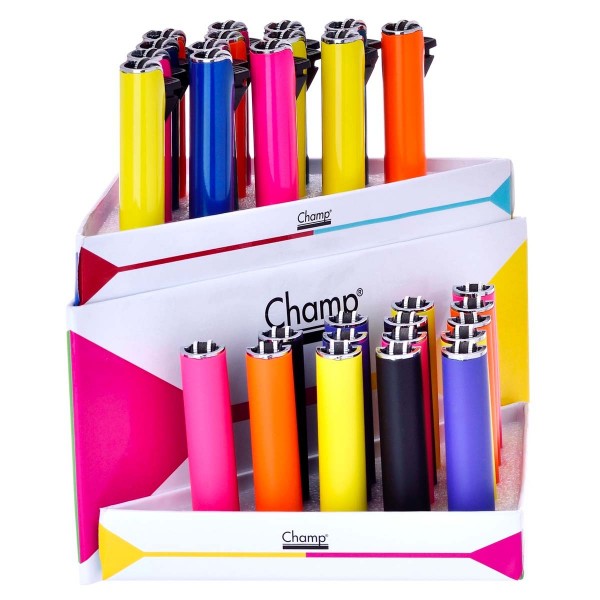 Champ | Color Flint lighters with mixed logo's there are 30 pcs in a display