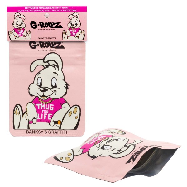 G-Rollz | Banksy&#039;s &#039;Thug for Life Pink&#039; 65x85mm Smellproof Bags - 10pcs in Display