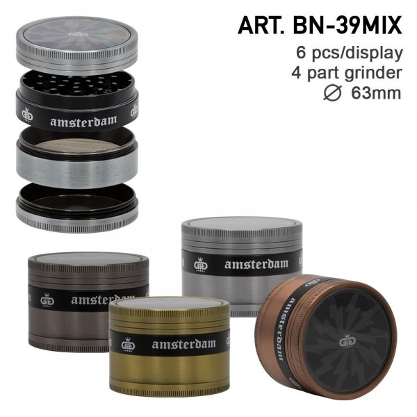 Grace Glass Amsterdam | Grinders - 4part - Ø:63mm - crank and window - Mixed Colors - 6 pcs/box