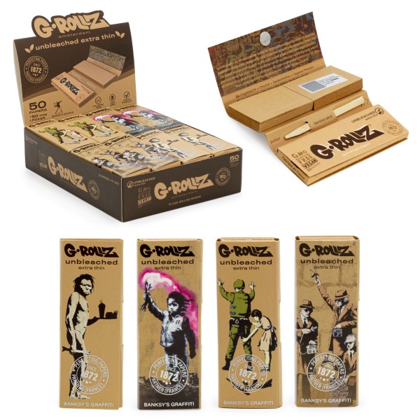 G-ROLLZ | Banksy's Graffiti - Unbleached Extra Thin - 50 '1¼' Papers + Tips (24 Booklets Display)