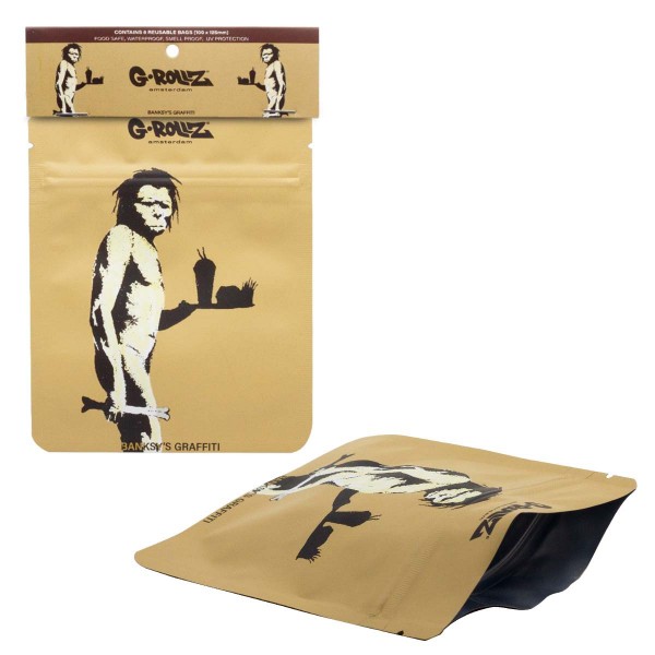 G-Rollz | Banksy&#039;s &#039;Fast Food Caveman&#039; 100x125 mm Smell Proof Bags - 8pcs in Display