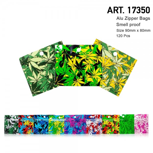 Amsterdam | 120 x Smellproof and Watertight Multilayer Alu Zipper Bags Mixed Colors wtih leaf 90x80