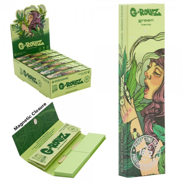 G-Rollz | Collector &#039;Mushroom Lady&#039; Organic Green Hemp - 50 KS Slim Papers + Tips (24 Booklets Displ