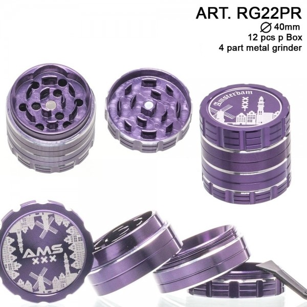 Dope Bros- Amsterdam: 4 Part Metal Grinder (Purple) : Ø 40mm. 12 pcs/box
