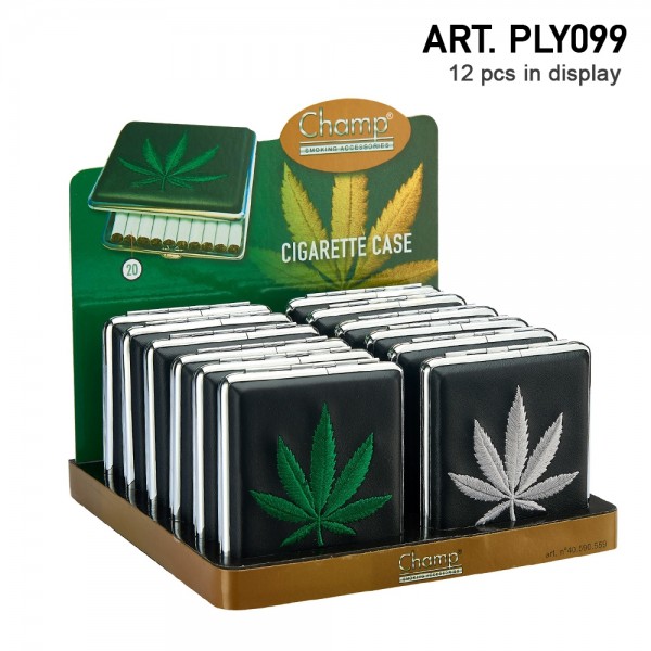Champ | Cigarette cases with Leaf logo for 20pcs cigarettes in different colors and there are 12pcs