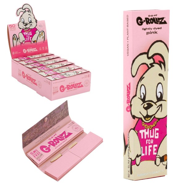 G-Rollz | Banksy&#039;s Graffiti &#039;Thug For Life&#039; Pink - 50 KS Slim Papers + Tips (24 Booklets Display)